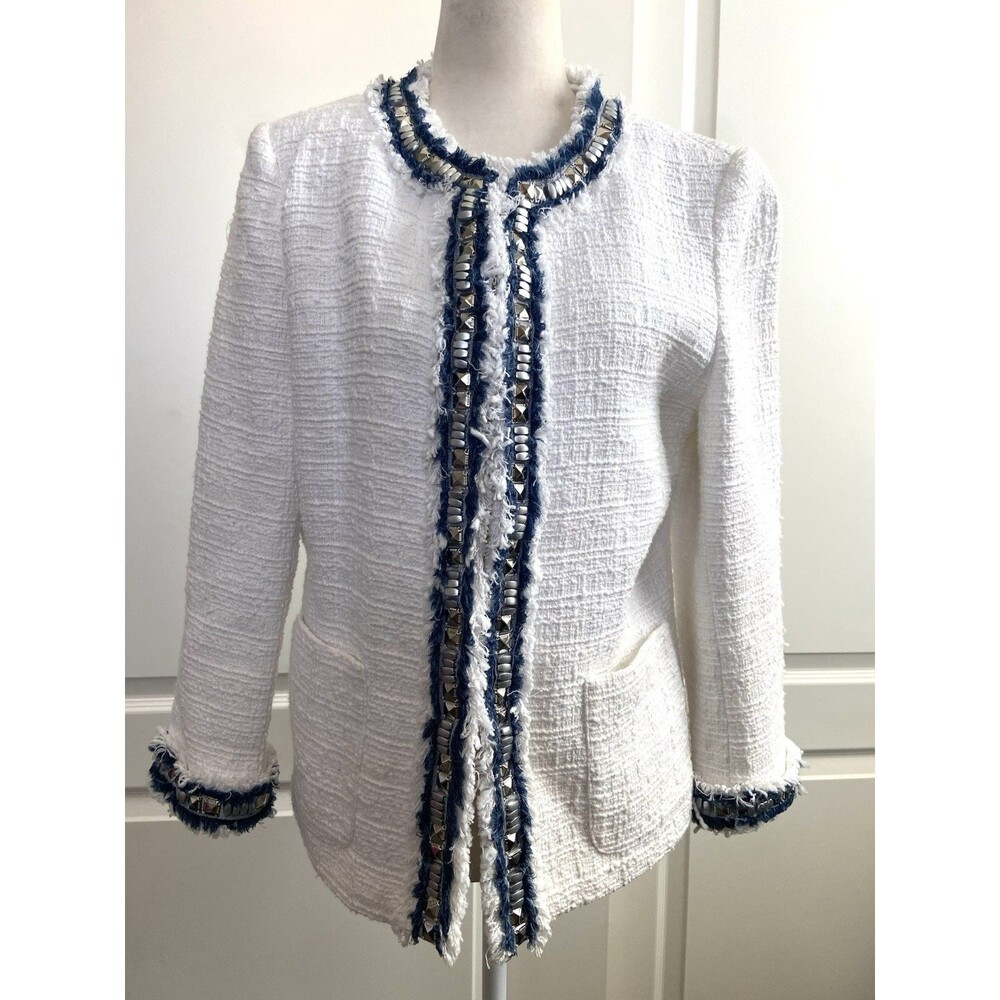 NEW Boston Proper Tweed Blazer Jacket Fringed Embellished White Blue Size 10 - Picture 3 of 12